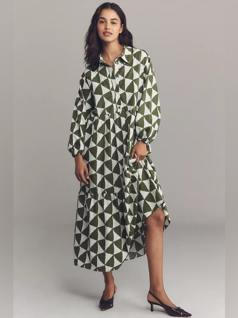 Anthropologie Olive and White Geometric Collared Bettina Maxi Dress - Picture 3 of 7